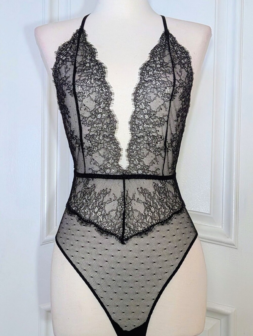 Victorias Secret Sheer Black Lace Deep Plunge Bodysuit M